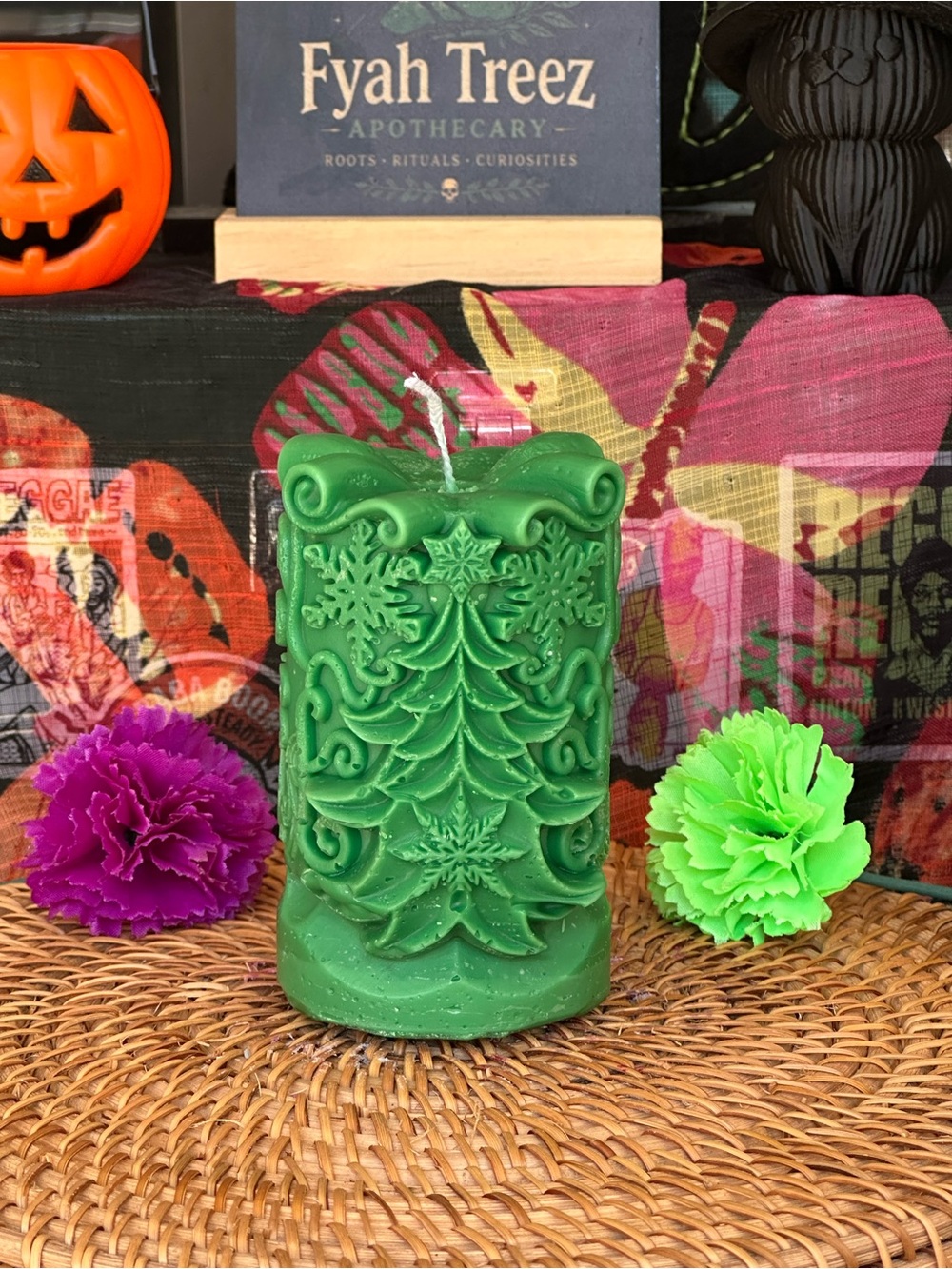 Green Embossed Christmas Tree Pillar Candle